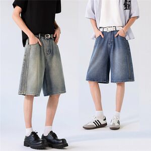 
American retro nostalgic blue denim shorts men's summer new high-waisted loose straight wide-leg mid-length pants