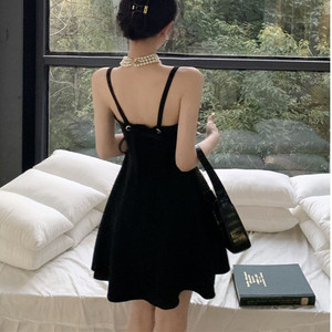 French black suspender skirt women's summer small dress temperament waist thin A -line skirt skirt skirt