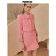 MarieElie gentian flower skirt with autumn and winter high waist solid color plaid spliced ​​lace skirt thick
