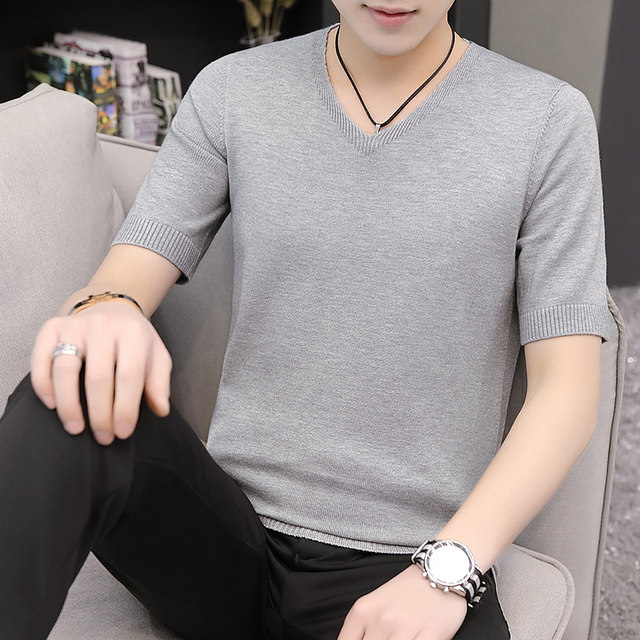 Short-sleeved sweater men's Korean version v-neck spring and autumn ...