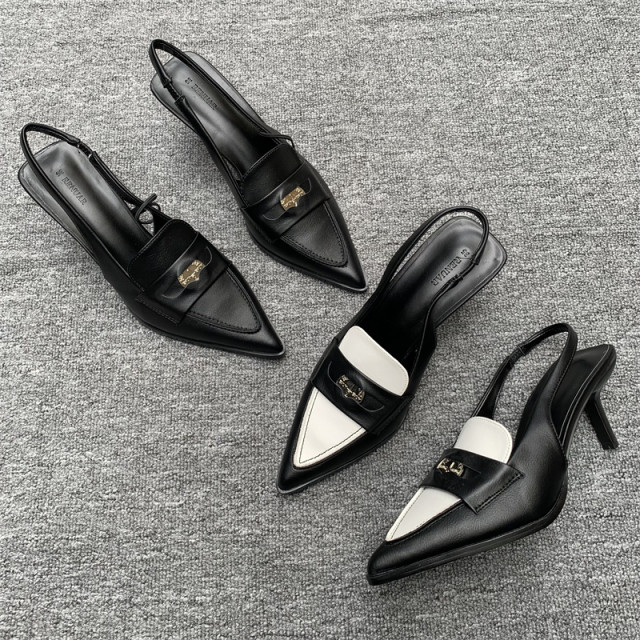 Foreign trade early spring single shoe female new pointed French -style Baotou color -colored small gold coins after empty sandals