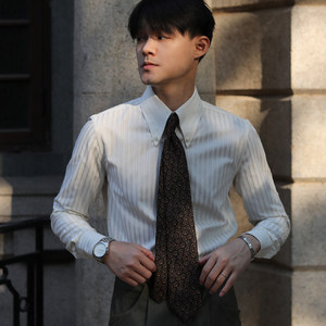 
Italian elegant long point collar button-down collar anti-wrinkle slimming literary European and American yuppie stylish business long-sleeved striped shirt