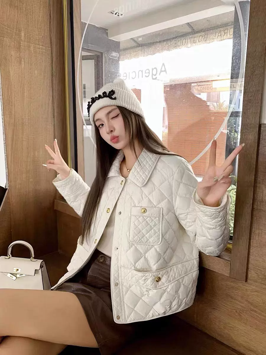 2024年冬季新款短版羽絨衣女小香風翻領菱形格輕薄時尚羽絨外套-Taobao