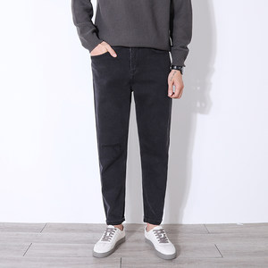 
Autumn and winter elastic leggings loose tapered washed black pants ripped patch jeans retro casual men's pants