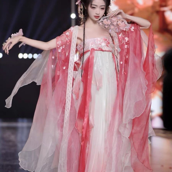 Original Hanfu [Peach Blossom] Twelve Flower God Tang Models Qi Ship Butterfly Sleeve Super Fairy Heavy Works Embroidery Spring and Summer Set