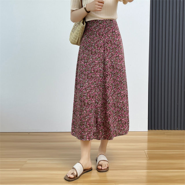 Huiyi Pavilion summer women's high waist skirt imitation silk a-line skirt Korean sweet high waist floral skirt midi skirt
