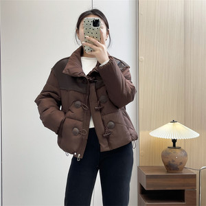
Huiyige Winter Women's Stand Collar Down Jacket Horn Button Down Jacket Korean Style Casual PU Splicing Short Cold Warm Jacket