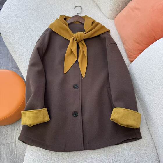 
Huiyige autumn and winter women's long-sleeved woolen coat mid-length coat Korean style loose commuting woolen coat comes with scarf