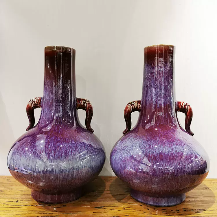 单色釉窑变象耳红瓶明清瓷器传世清代乾隆时期全品相开门老收藏-Taobao