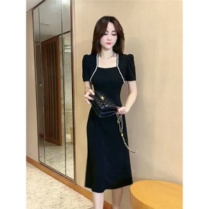 气质女神范修身连衣裙女2025夏季新款洋气显瘦高腰中长款短袖裙子