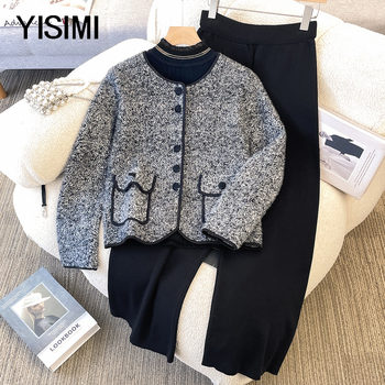 Autumn clothing for middle-aged and elderly people with small fragrant style knitted long-sleeve three-piece set