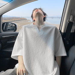 Textured V-Neck Short-Sleeved T-Shirt for Men, Summer Trendy Brand Half-Sleeved Youth Clothing, 2026 New Style Boys' Ice Silk T-Shirt