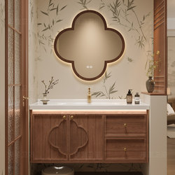 Song-Style Aesthetic Solid Wood Bathroom Cabinet with Ceramic Integrated Basin, Vintage-Style Bathroom Vanity Sink and Washbasin Set
