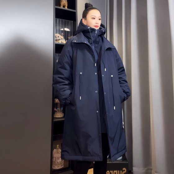 
Winter fake two-piece cotton coat for women, casual and fashionable long hooded loose slimming couple style thickened mid-length cotton coat