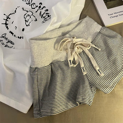 Trendy High-Waisted Wide-Leg Casual Shorts for Women, Summer Korean Style Versatile Loose Striped Drawstring Sports Hip-Hugging Hot Pants