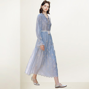 
QOOEL French gentle and romantic style blue dress 2026 spring and summer new lace-up waist fairy skirt long skirt