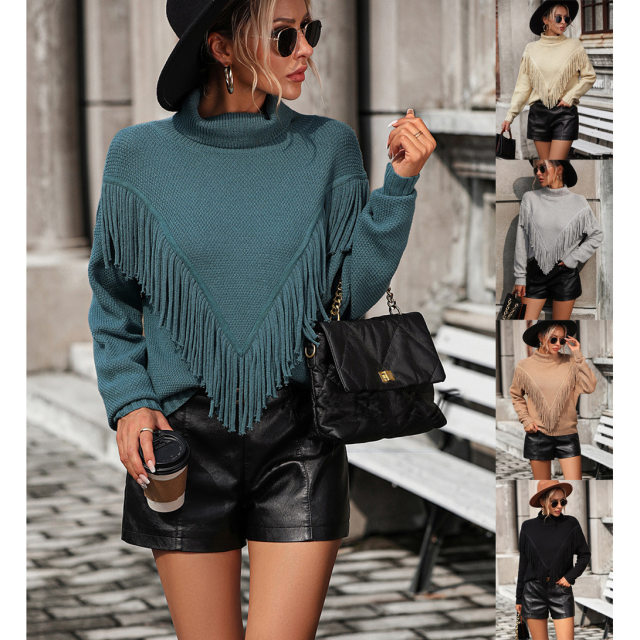 2023 Autumn and Winter Amazon New European and American Clothing Loose Tassel Sweaters Knitwear Turtleneck Sweaters for Women