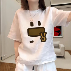 White Loose-Fitting Pure Cotton Short-Sleeve T-Shirt for Women, Fashionable and Versatile for Spring and Summer, Regular Shoulder Round-Neck Top