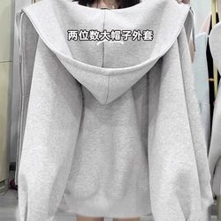 Gray Loose Hooded Sweatshirt for Women 2026 New Autumn and Winter Wear Korean Style Chic Unique Fleece-Lined Cardigan Jacket
