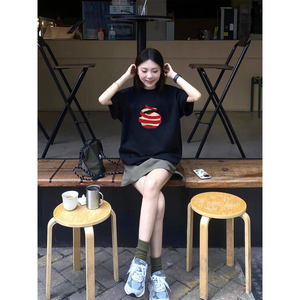 
Black trendy brand heavyweight pure cotton short-sleeved T-shirt women's 2026 new summer unique and beautiful belly-covering clothes