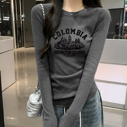 Gray Elegant Round-Neck Regular Shoulder Pure Cotton Long-Sleeve T-Shirt for Women, Early Autumn 2025 New Style, Inner Layer Base Shirt, Slim Fit Top