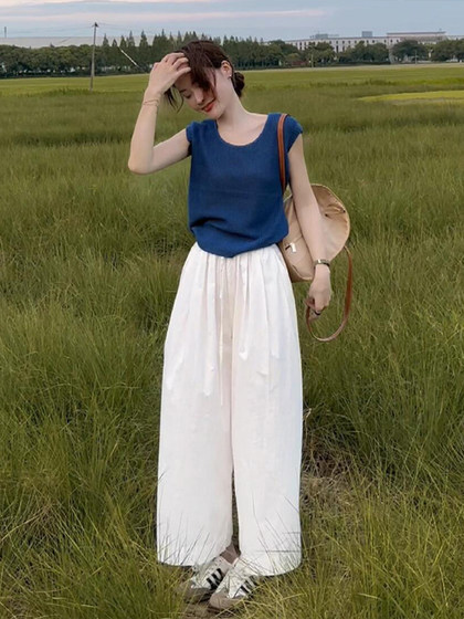 克莱因蓝冰丝针织短袖t恤女夏季2024新款韩系穿搭坎肩上衣两件套