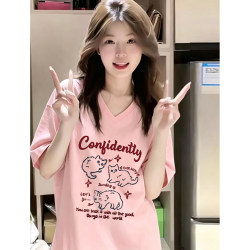 Plus-Size Loose American-Style Heavyweight White V-Neck T-Shirt, Popular Summer Short-Sleeve Women's Oversize Half-Sleeve Base Shirt, Trendy