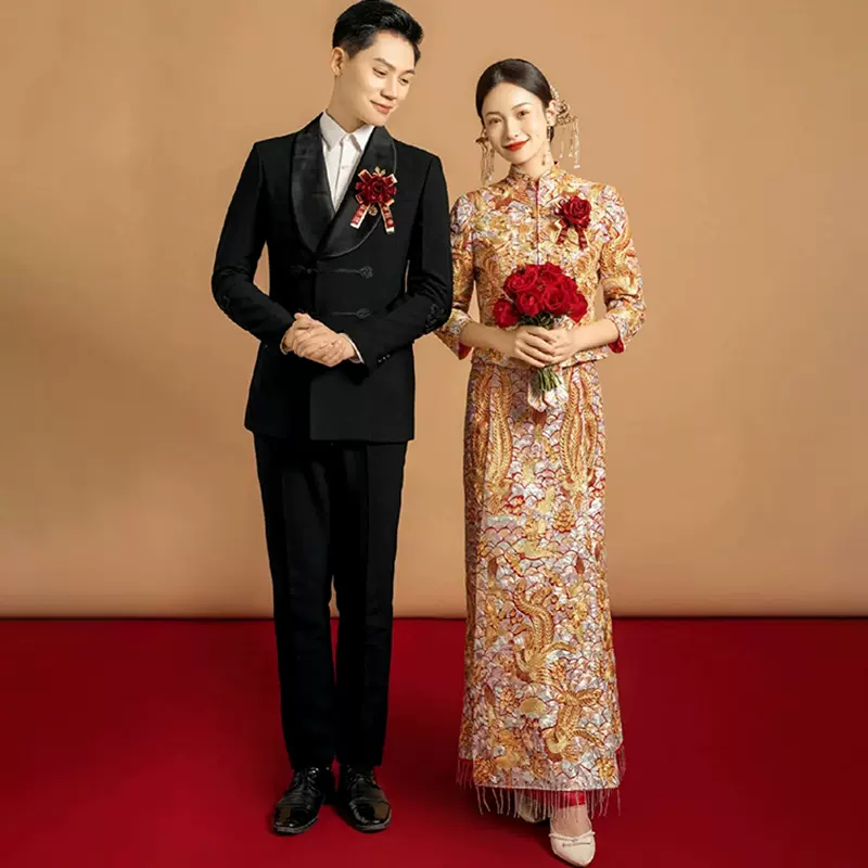 2023新款龙凤褂新娘嫁衣高端褂皇出阁裙褂金色秀禾服复古风刺绣款式