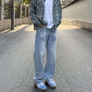 
LEFT7 '2021M' lightning pattern wash blue jeans men's cleanfit straight wear straight casual pants