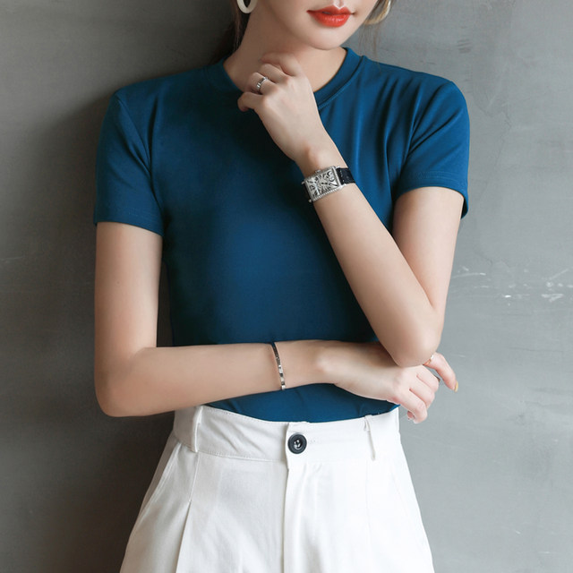 Summer Lady Mesh Tops Round Neck Short sleeved Bright Silk Tees Korean Fashion Black T shirt Women