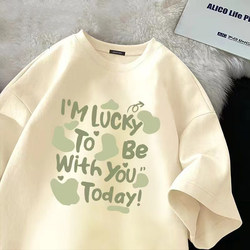 Girls' Pure Cotton Short-Sleeved T-Shirt 2024 Spring and Summer New Style Stylish Green Letter Printed T-Shirt Loose Casual Top