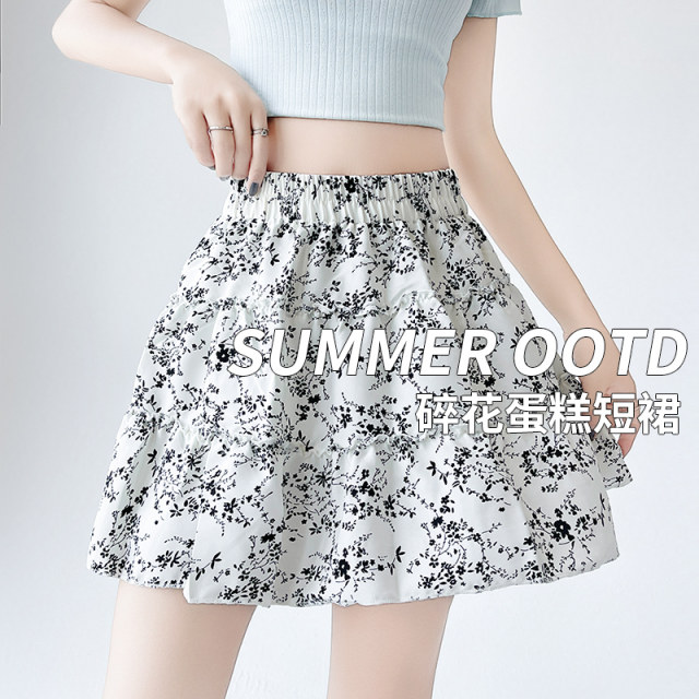 2025 spring and summer white chiffon floral short skirt fashionable and versatile Korean slim A-line short skirt large size cake skirt