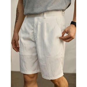 
LUUD summer versatile thin style lacele pleated texture mid-pants for men's breathable casual white straight-leg shorts