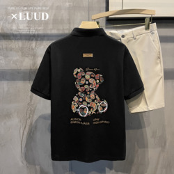 Luud Trendy Handsome Abstract Bear Print Lapel Polo Shirt Men's Retro Breathable Pique Cotton Short-sleeved Top