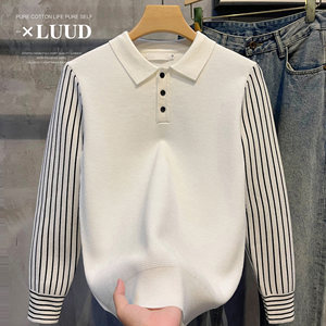 
LUUD Light luxury temperament spliced ​​striped casual knit sweater British style slim lapel pullover sweater men