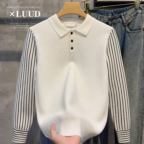 
LUUD Light luxury temperament spliced ​​striped casual knit sweater British style slim lapel pullover sweater men