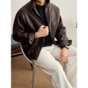 
LUUD Maillard short profile stand collar leather jacket men's winter handsome shiny PU leather motorcycle jacket