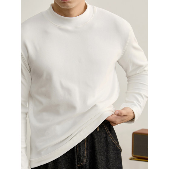 
LUUD elegant white winter warm German velvet inner layered shirt men's half turtleneck skin-friendly brushed long-sleeved T-shirt