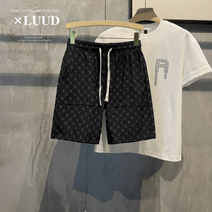 LUUD letters all over printed pants trendy brand light luxury elastic waist pants drawstring shorts casual straight pants