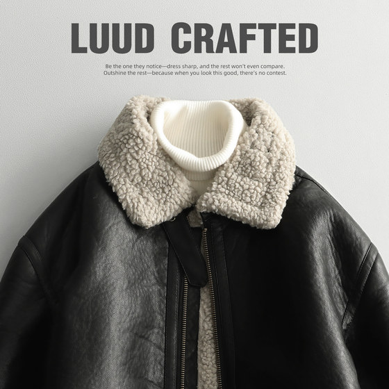 Luud fur integrated jacket Men's winter thickened motorcycle clothing tide brand PU leather jacket lambsma and handsome leather jacket
