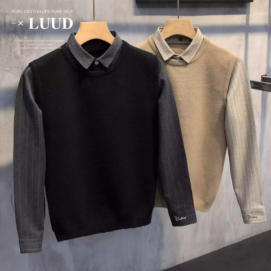 LUUD Winter British Men's Slim Retro Fake Two-Piece Sweater Korean Style Sweater Spliced ​​Shirt Collar Jacket
