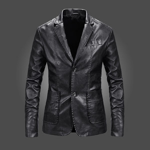 
Leather suit, winter men's velvet business casual suit, wedding leather jacket, mid-length, young and middle-aged top, thick coat