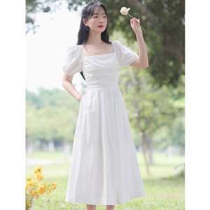 French gentle square collar white dress female summer new small bubble sleeve slender temperament high waist long skirt
