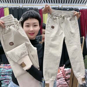 
2025 spring new wash cotton casual pants for women with high waist slim harem pants loose tying foot jeans jeans