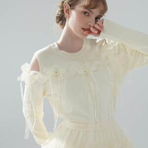 
Face art handmade three-dimensional bow ribbon cute age-reducing off-the-shoulder round neck thin spring and summer pullover sweater
