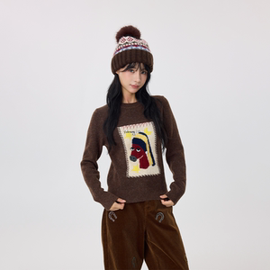 
OooFYang coffee color pearl earrings pony pullover long-sleeved sweater women's 25 autumn and winter new style