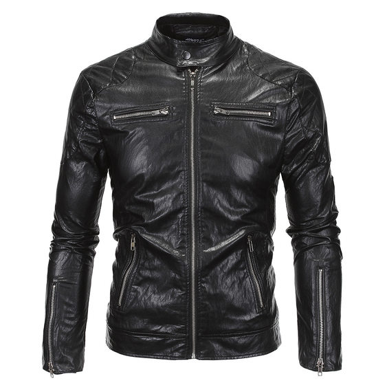 Beckham's same stand -up collar leather coat European and American slim young young handsome motorcycle tide male PU leather jacket jacket
