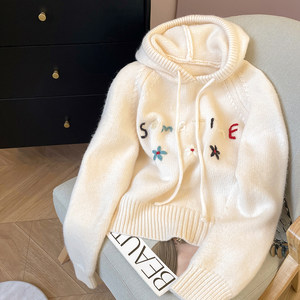 
Little C Home off-white letter embroidered hooded sweater for women 2025 autumn new thickened loose pullover sweater