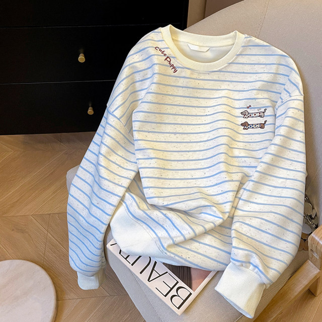 Little C home Korean striped cartoon puppy embroidered sweatshirt for women 2025 spring new loose round neck age-reducing top
