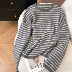 
Little C Home Striped Sweater Women's 2025 New Winter Loose Pullover Round Neck Cardigan Rabbit Fur Knitted Top